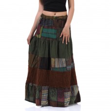 Cotton Patchwork Long Skirt Bohemian Style Olive Green KP350